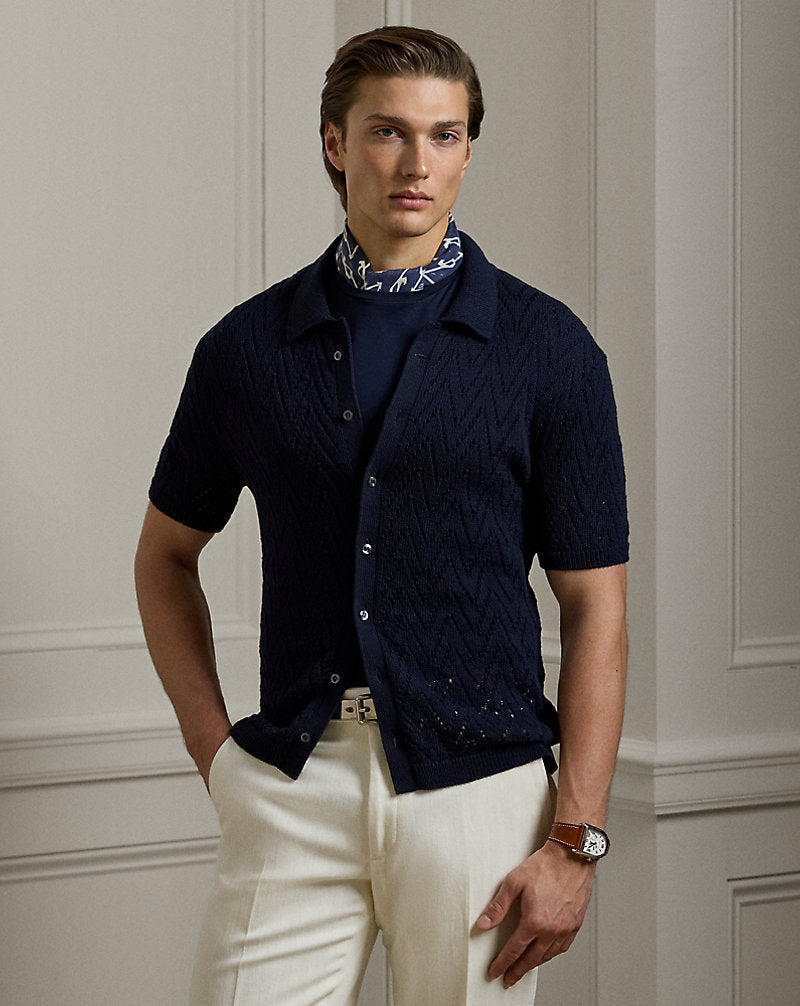 Textured Cotton Short-Sleeve Cardigan Classic Chairman Navy