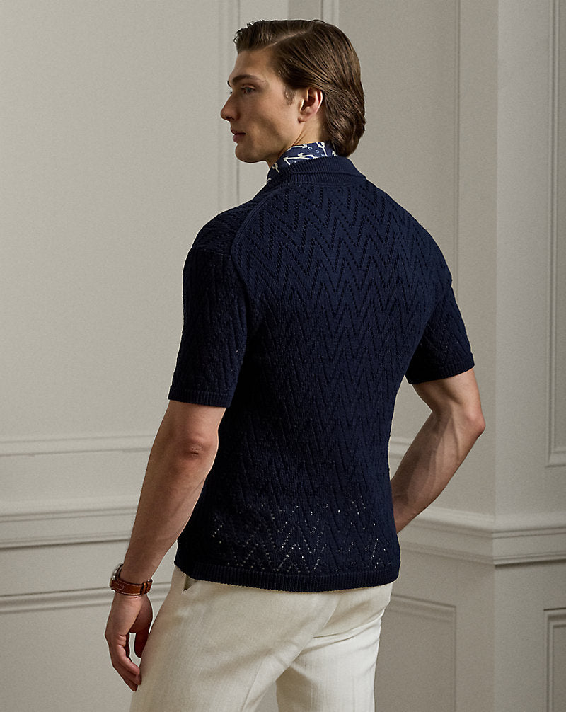 Textured Cotton Short-Sleeve Cardigan Classic Chairman Navy