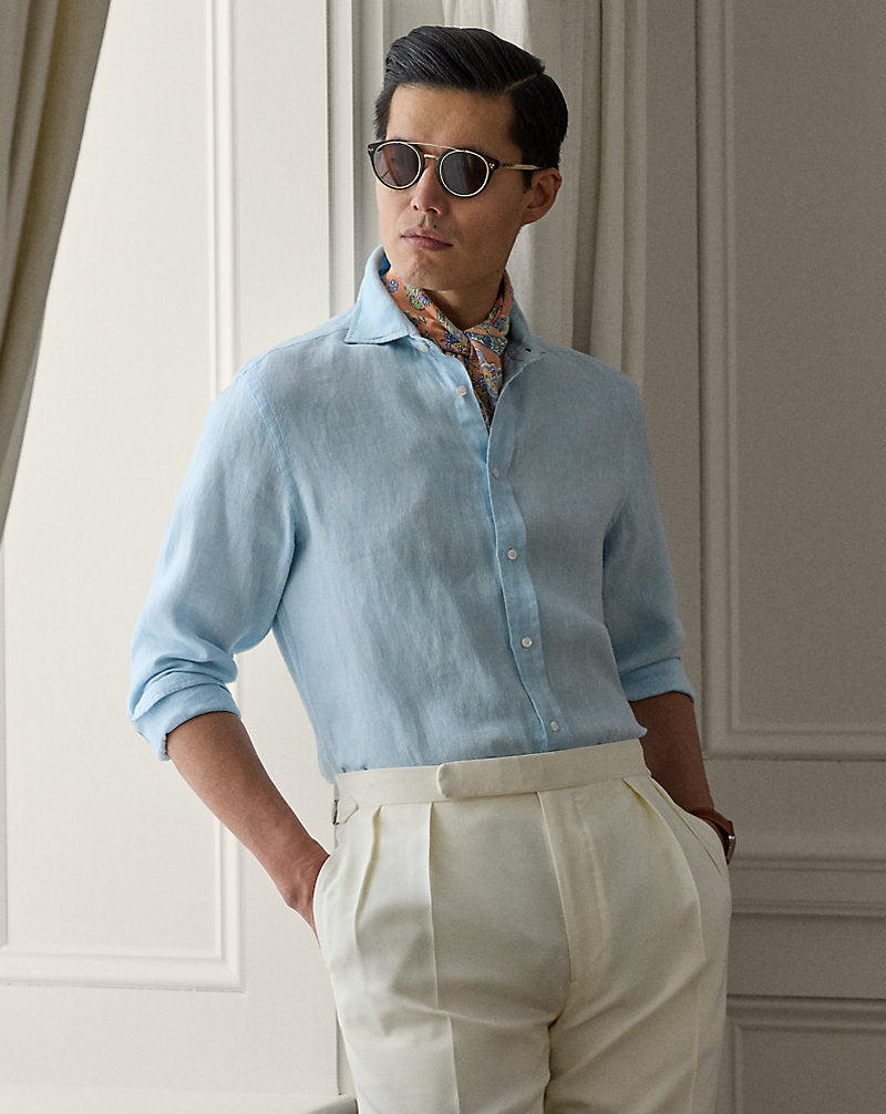 Basket-Weave Linen Shirt Chambray Blue