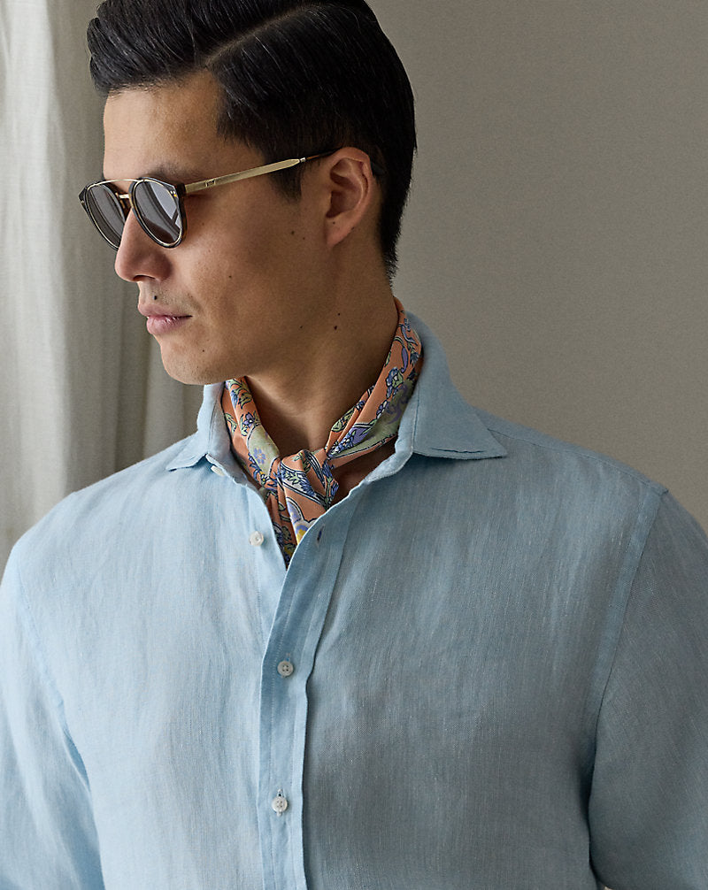 Basket-Weave Linen Shirt Chambray Blue
