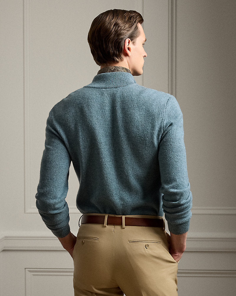 Birdseye Cashmere Quarter-Zip Jumper Blue Multi