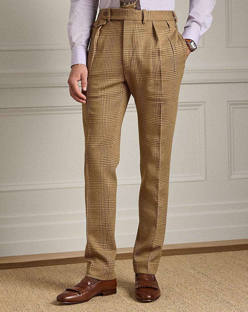Hand-Tailored Plaid Jersey Suit Trouser Camel/Light Brown