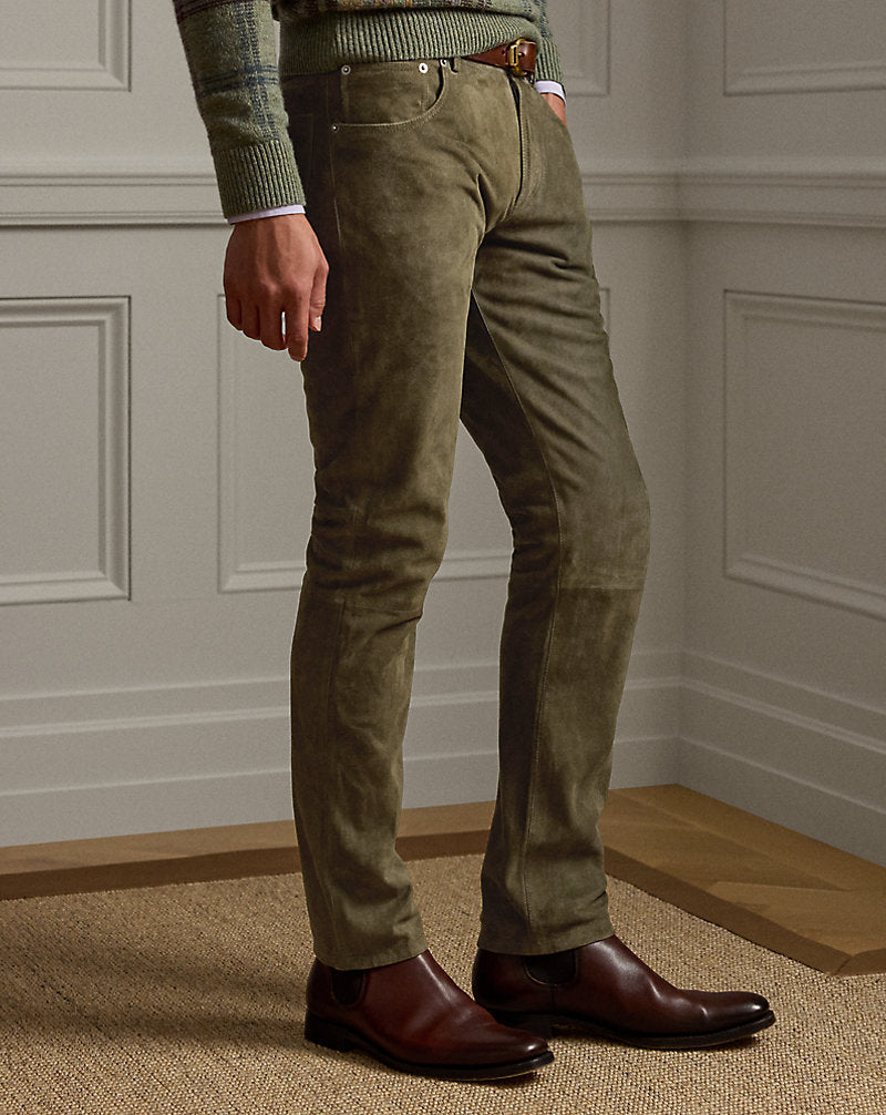 Hand-Tailored Suede Five-Pocket Trousers Thicket Moss